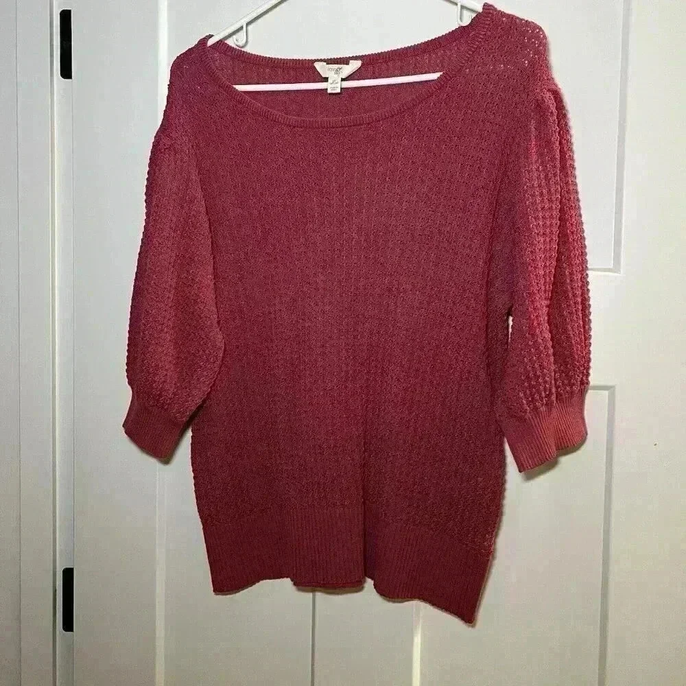 Terra Sky 3x Pink Knit Textured Sweater With Puff Sleeves Plus Size Tops - Picture 3 of 10